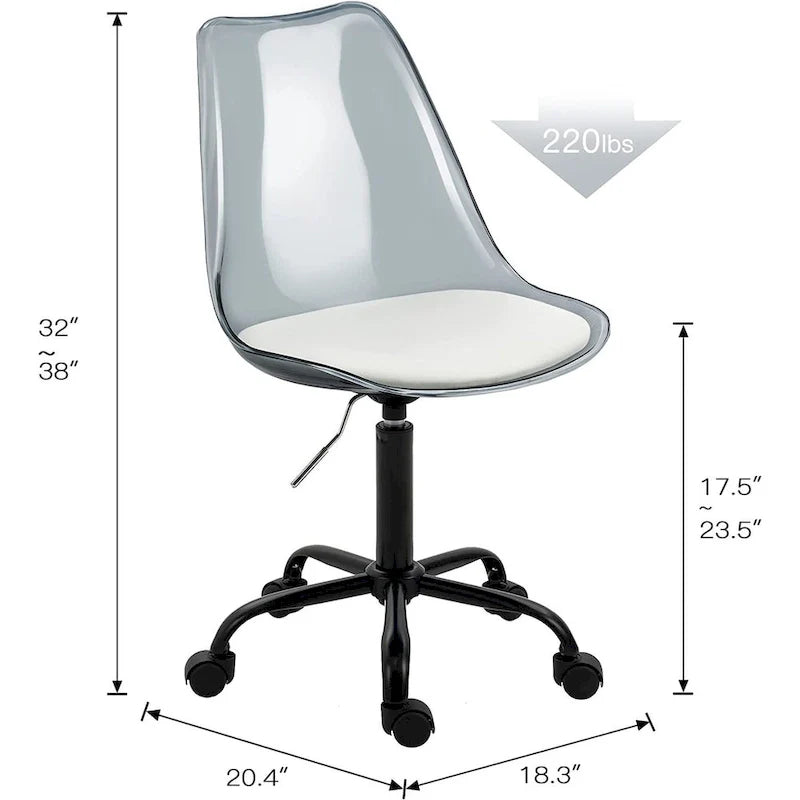 Chaise de bureau à roulettes sans accoudoirs, réglable en hauteur, en acrylique pivotant