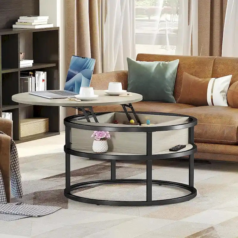 Moasis Farmhouse Lift Top Round Coffee Table with Hidden Storage and Shelf