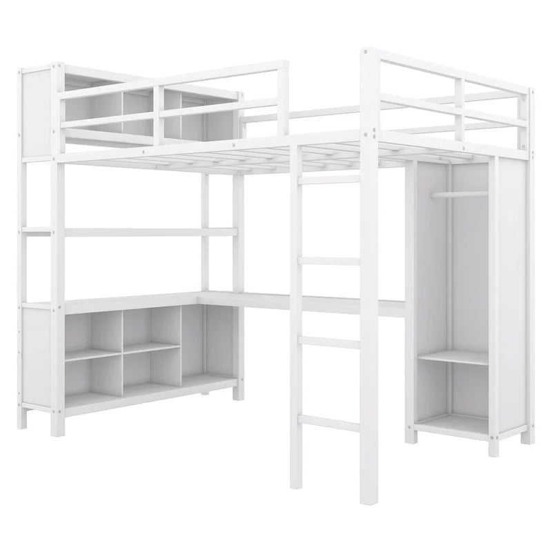 Lit mezzanine en métal blanc cassé avec bureau et armoire - Grand lit