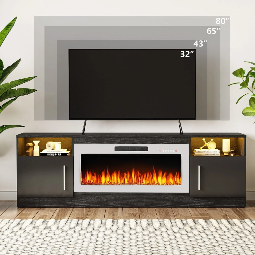 Meuble TV cheminée Bossin 70 avec cheminée électrique 36, meuble TV pour téléviseurs jusqu'à 80 pouces, lumières LED 16 couleurs/centre de divertissement