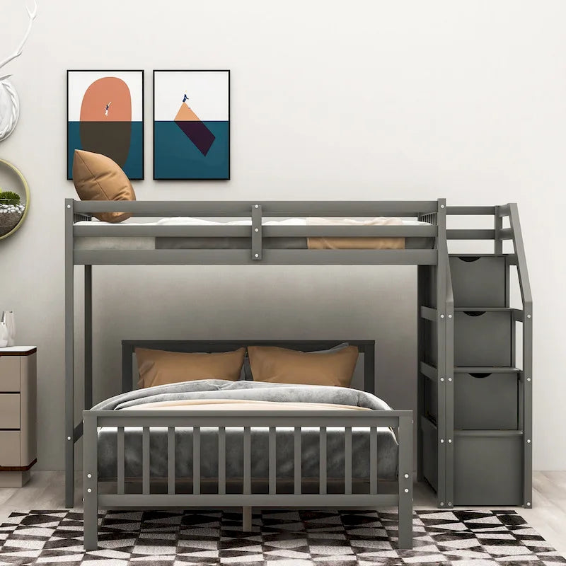 Twin Over Full Wood Loft Bed with Staircase,High Guardrails and Ladder