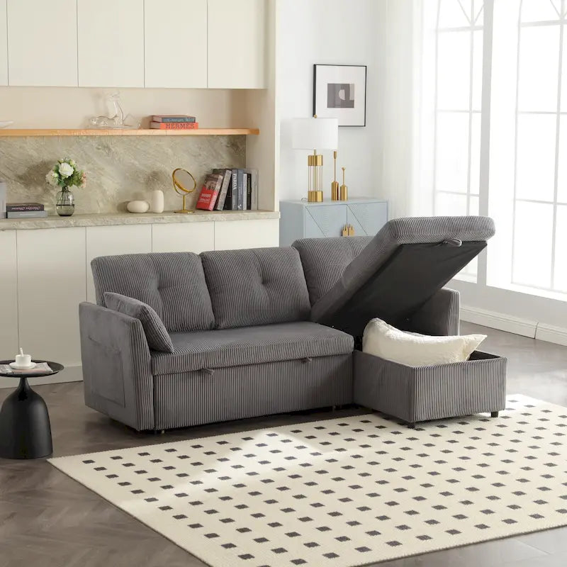 Corduroy/Chenille Upholstered L-Shaped Storage Reversible Chaise Sectional Sofa with Side Pocket