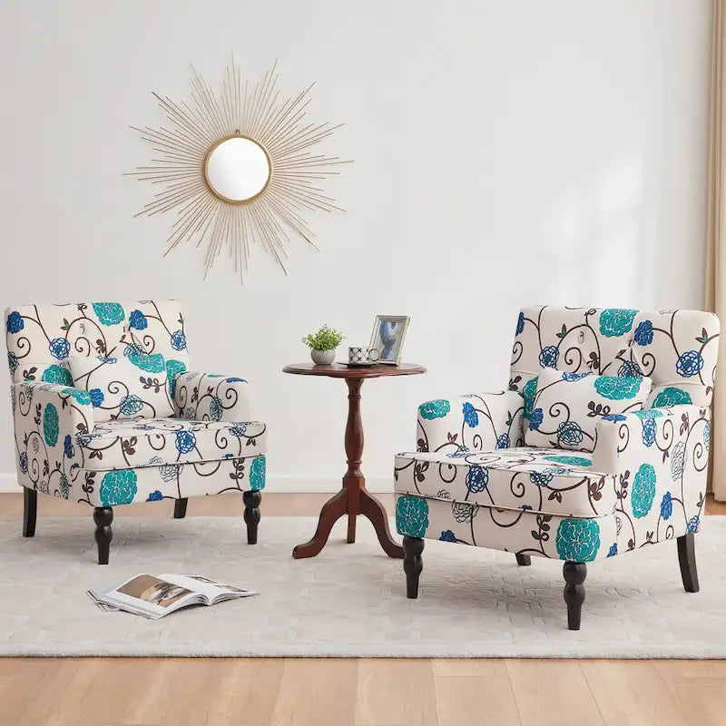 Set of 2 Arm Chair Upholstered Button Tufted Accent Chair with Lumbar Pillow Beige/ Grey/ Light Blue