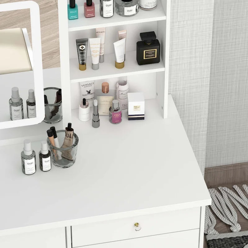 White Makeup Vanity Set with LED Mirror and Stool - 39.4 Wide