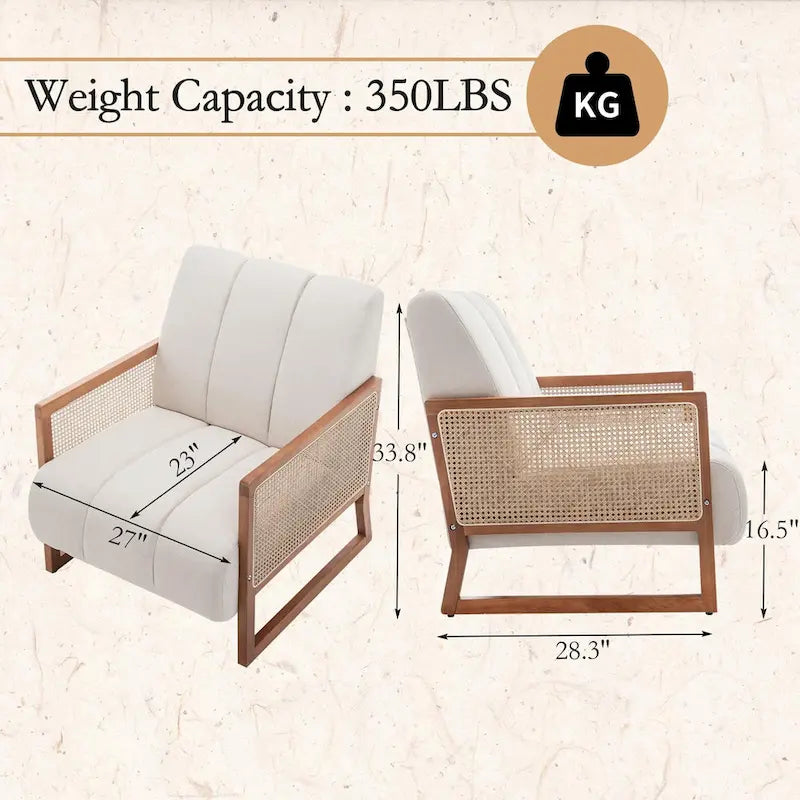 Rattan Accent Chairs, Upholstered Natural Rattan Chair Mid Century Modern Linen Armchair Side Chairs for Living Room Bedroom
