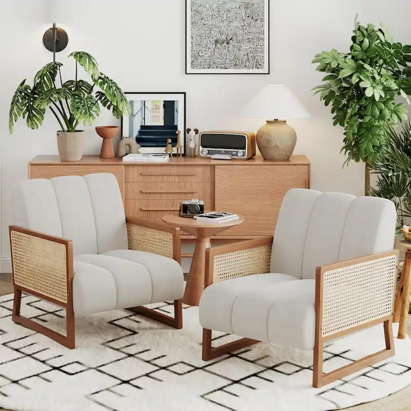 Rattan Accent Chairs, Upholstered Natural Rattan Chair Mid Century Modern Linen Armchair Side Chairs for Living Room Bedroom