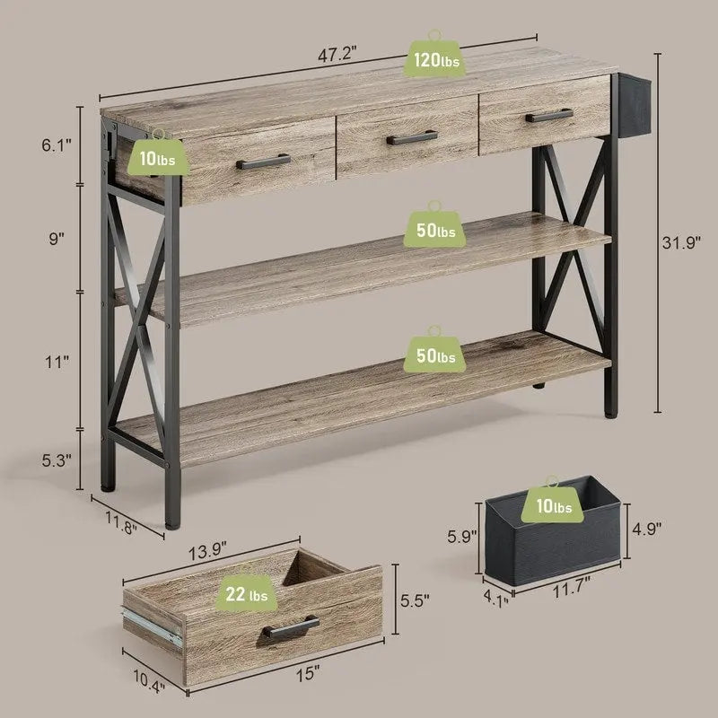 Console Table with 3 Drawers, Entryway Sofa Table with 3 Tier Storage Shelves