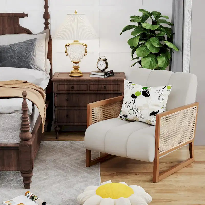 Rattan Accent Chairs, Upholstered Natural Rattan Chair Mid Century Modern Linen Armchair Side Chairs for Living Room Bedroom