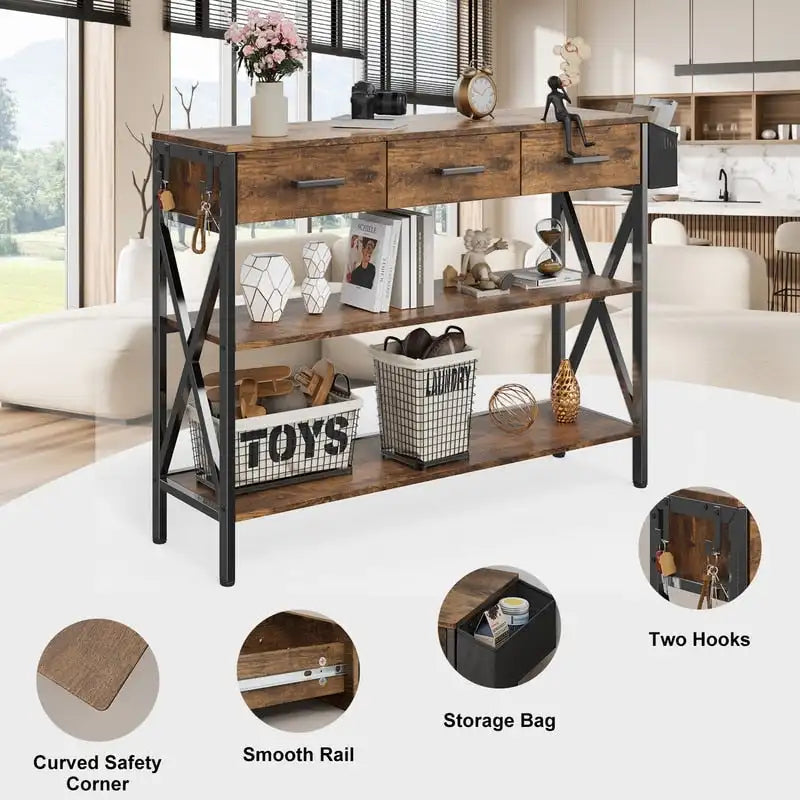 Console Table with 3 Drawers, Entryway Sofa Table with 3 Tier Storage Shelves