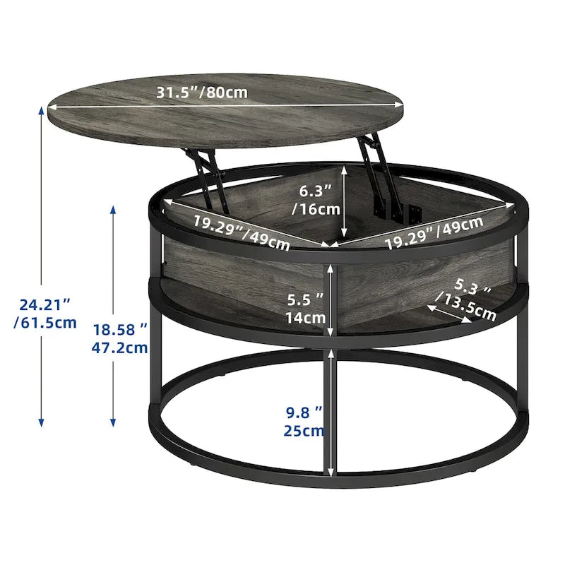 Moasis Farmhouse Lift Top Round Coffee Table with Hidden Storage and Shelf