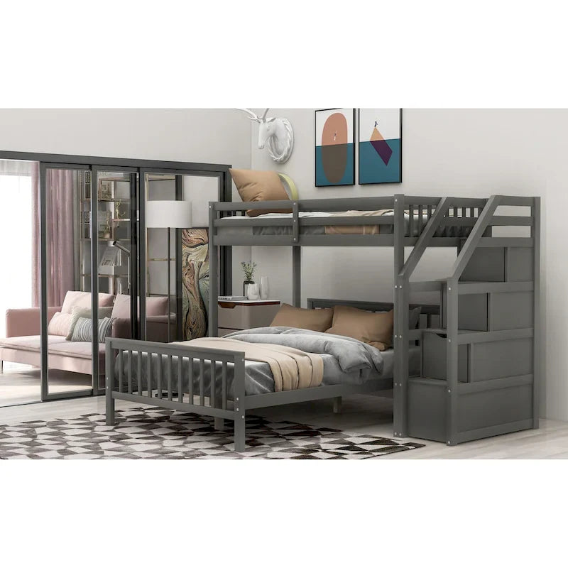 Twin Over Full Wood Loft Bed with Staircase,High Guardrails and Ladder