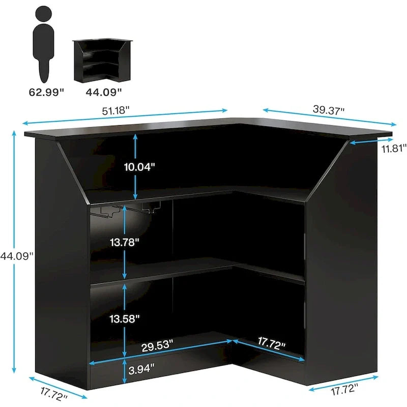 L-Shaped Bar Cabinet with Stemware Racks for Home Pub