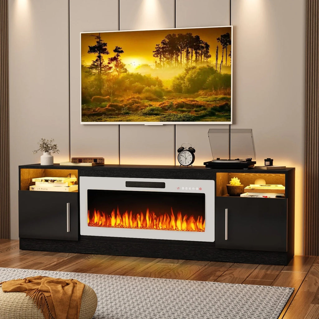Meuble TV cheminée Bossin 70 avec cheminée électrique 36, meuble TV pour téléviseurs jusqu'à 80 pouces, lumières LED 16 couleurs/centre de divertissement