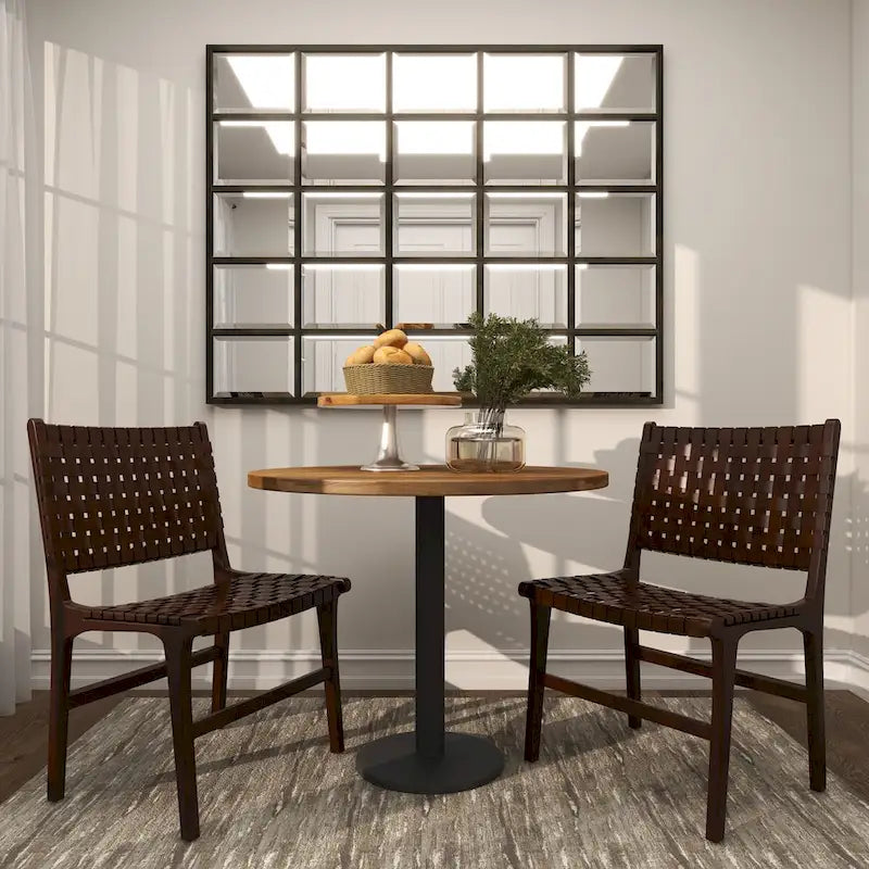 Leather Handmade Woven Dining Chair with Teak Wood Frame - Set of 2 Brown, White or Black- Roche River Decor