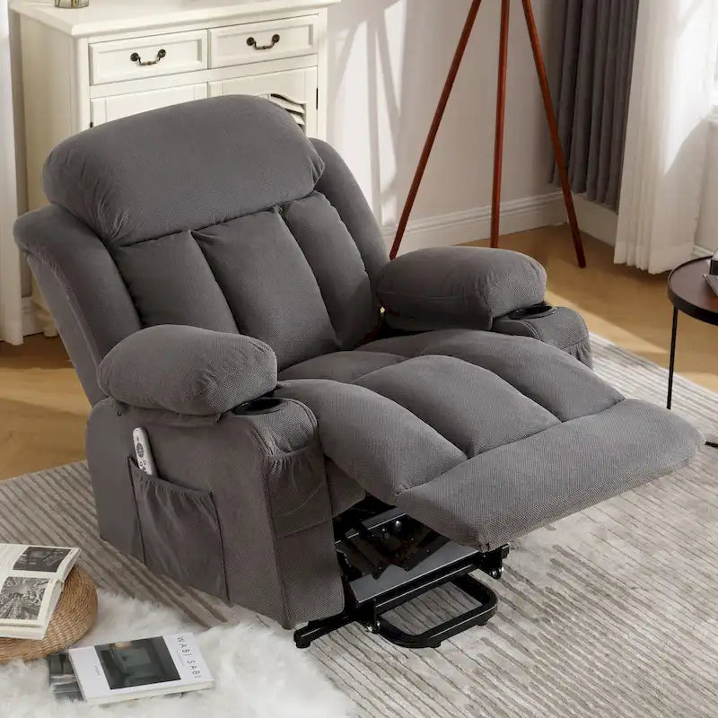 Grey Power Lift Recliner with Heated Massage, USB Charging, Remote Control, and Convenient Side Pockets for Seniors
