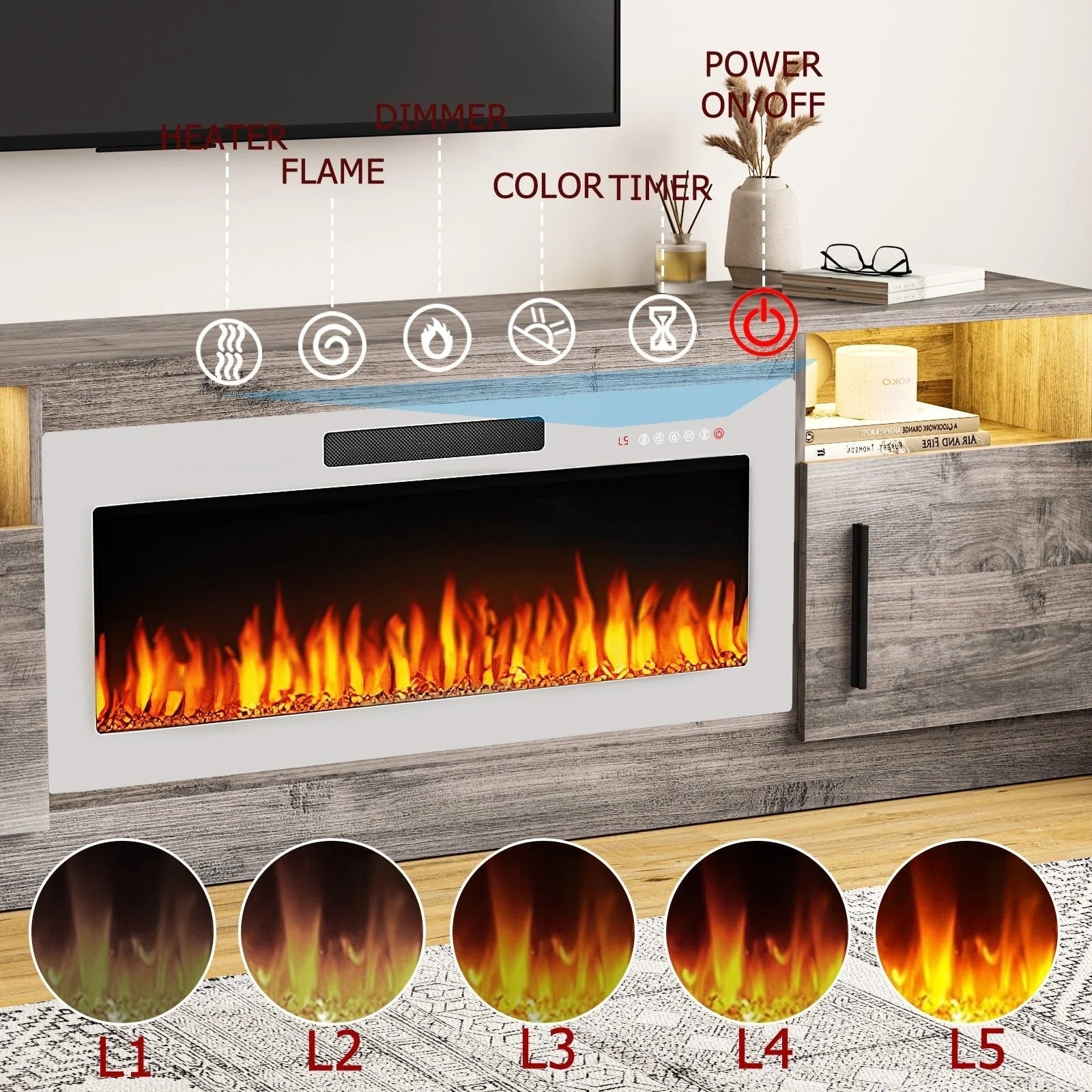 Meuble TV cheminée Bossin 70 avec cheminée électrique 36, meuble TV pour téléviseurs jusqu'à 80 pouces, lumières LED 16 couleurs/centre de divertissement