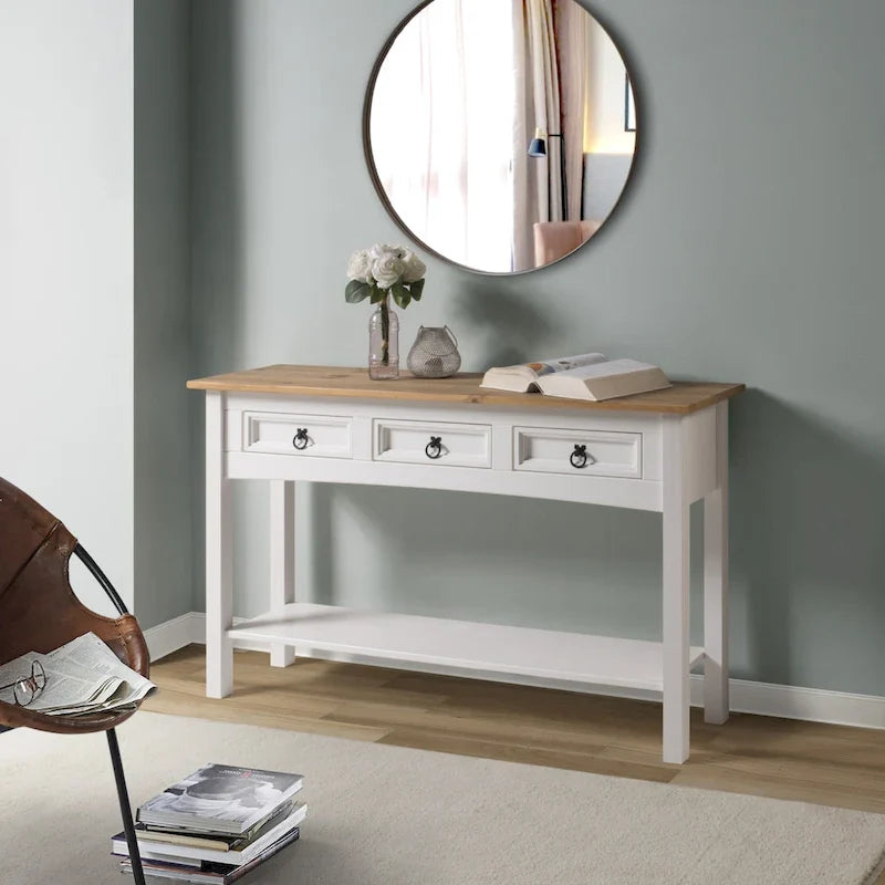 Rustic Solid Pine Console Hall Table, White Wash / Antique Brown / Gray Wash / Unpainted, 3 Drawers