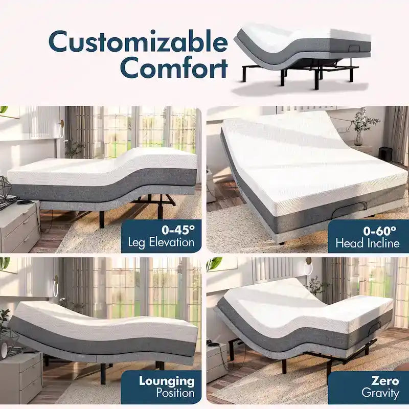 Adjustable Bed Frame with Medium Gel Memory Foam Mattress, Dual Massage, USB Ports, App, Remote
