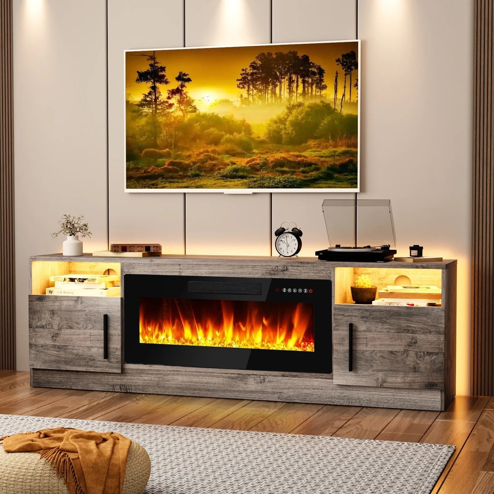 Meuble TV cheminée Bossin 70 avec cheminée électrique 36, meuble TV pour téléviseurs jusqu'à 80 pouces, lumières LED 16 couleurs/centre de divertissement