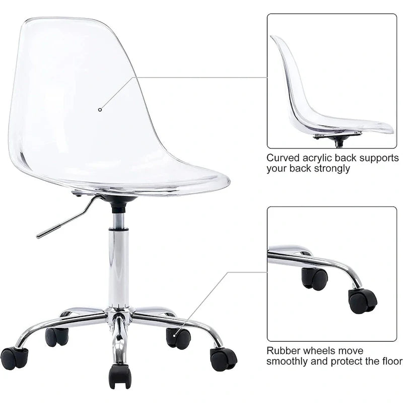 Chaise de bureau à roulettes sans accoudoirs, réglable en hauteur, en acrylique pivotant
