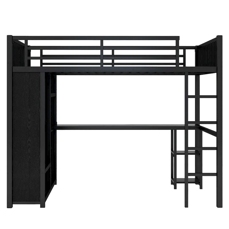 Full XL Size Loft Bed Frame with Built-in Wardrobe