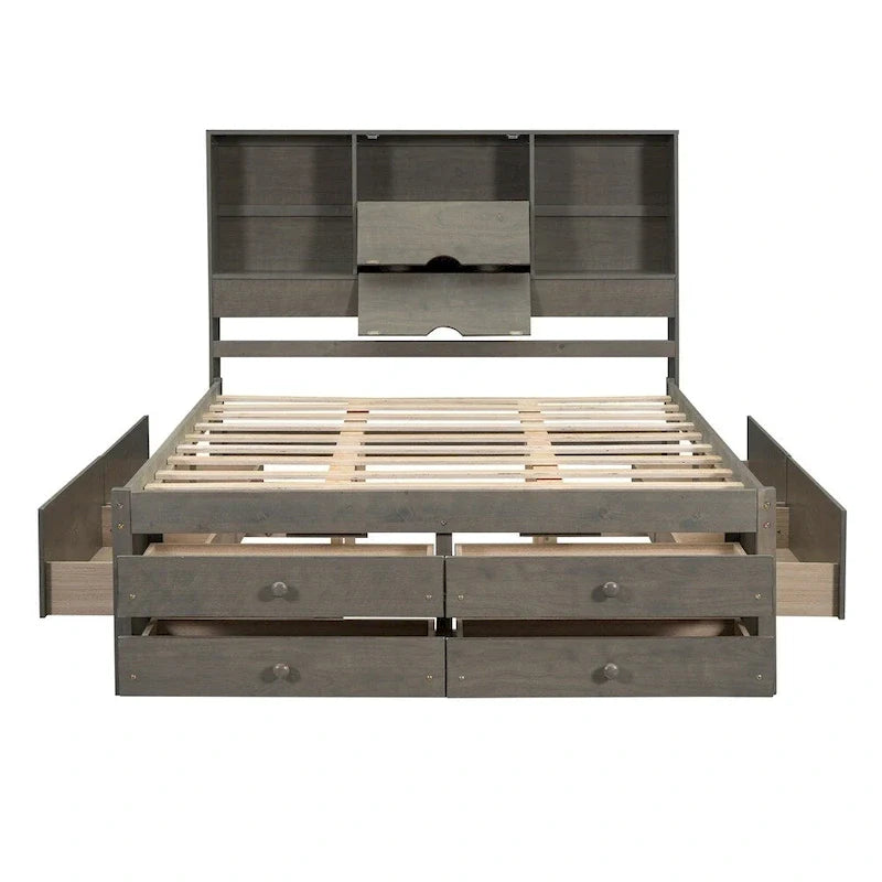 King Size Platform Bed with Storage Headboard and 8 Drawers
