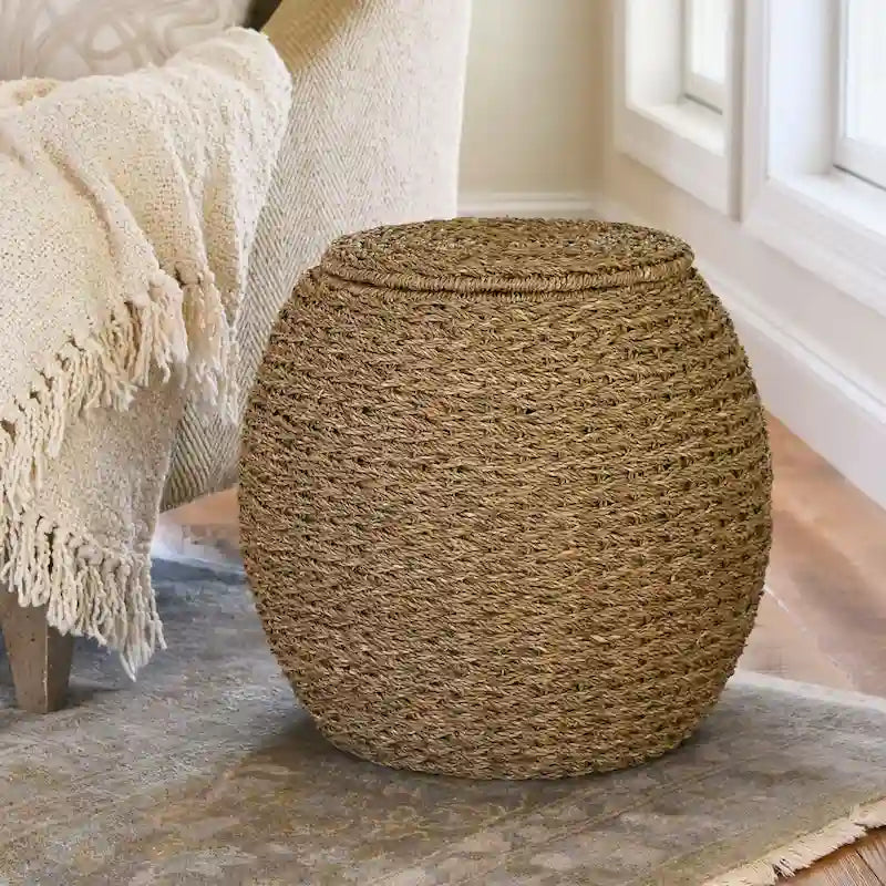 Household Essentials Handwoven Barrel Wicker Storage Basket Side Table - 17.0L x 17.0W x 19.0H