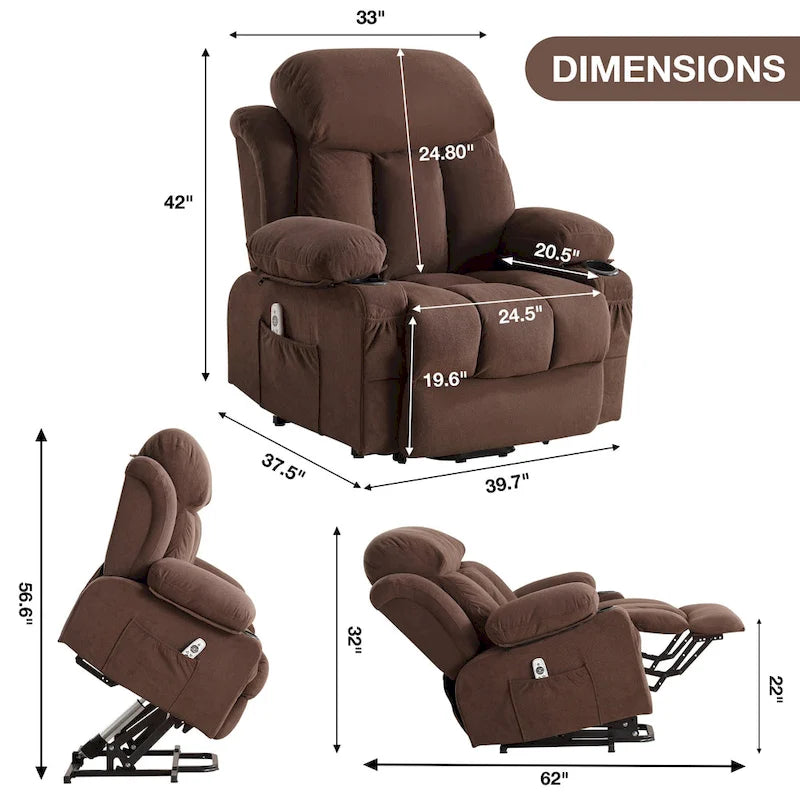Grey Power Lift Recliner with Heated Massage, USB Charging, Remote Control, and Convenient Side Pockets for Seniors