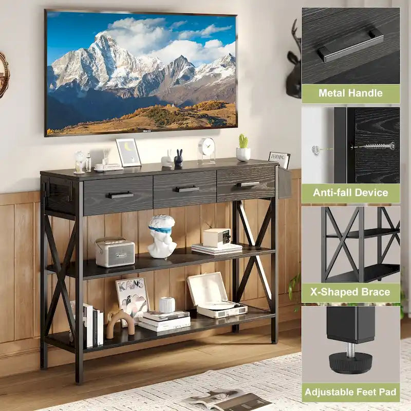 Console Table with 3 Drawers, Entryway Sofa Table with 3 Tier Storage Shelves